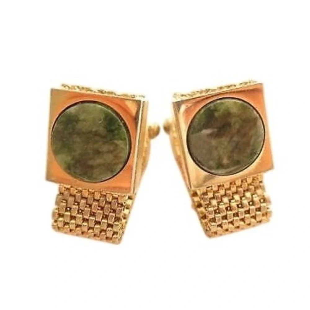 Vintage Green Jade Gemstone Gold Plated Wrap Around Mesh‎ Men's Cufflinks